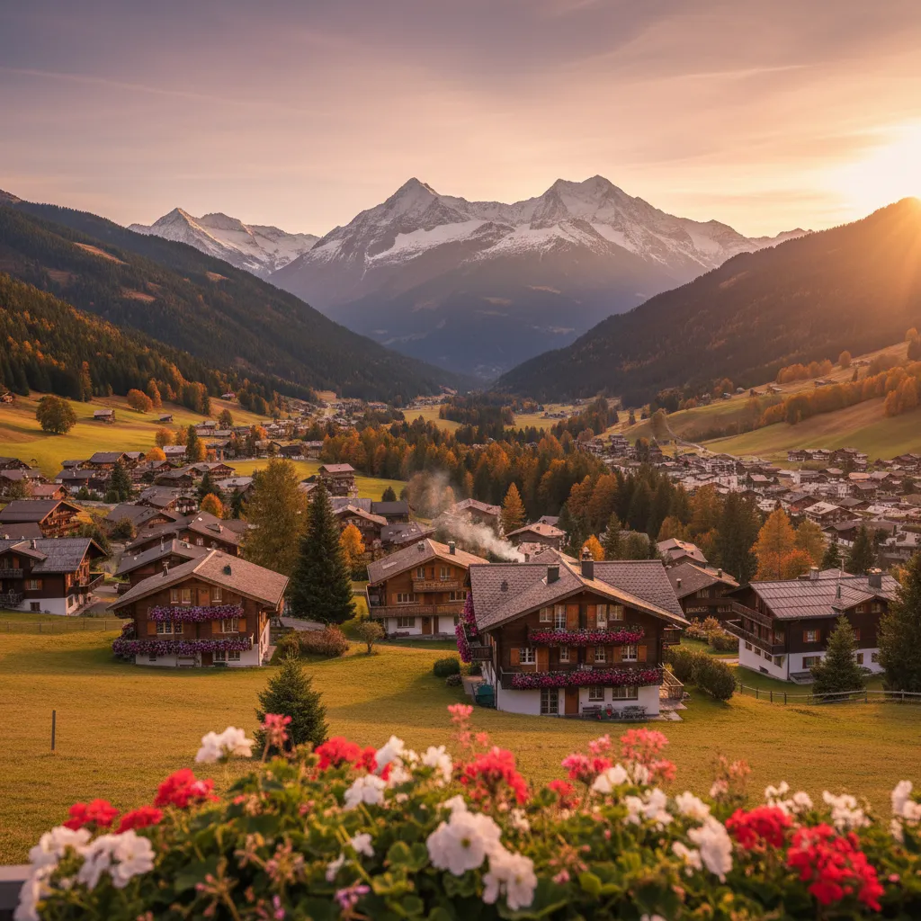 Gstaad Alpine valley at sunset